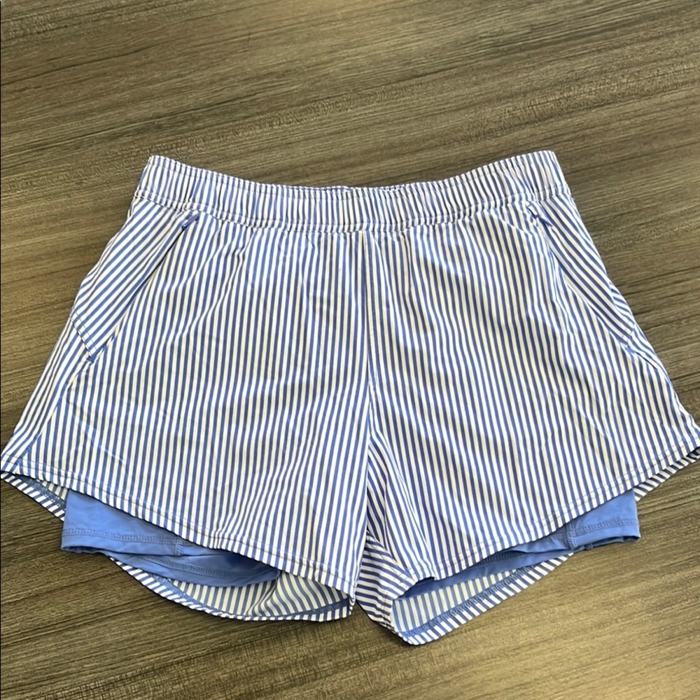 Fair Harbor Blue and White Athletic Shorts with Compression Liner.  Size M